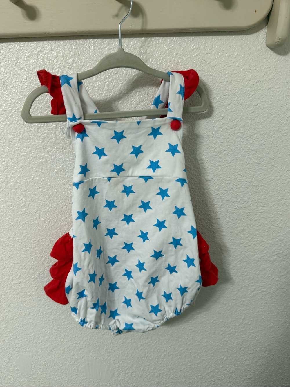 Baby Girls White & Blue Star Romper with Red Ruffle Accents